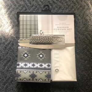 Geometric GREEN Shower Curtain Set with Hooks